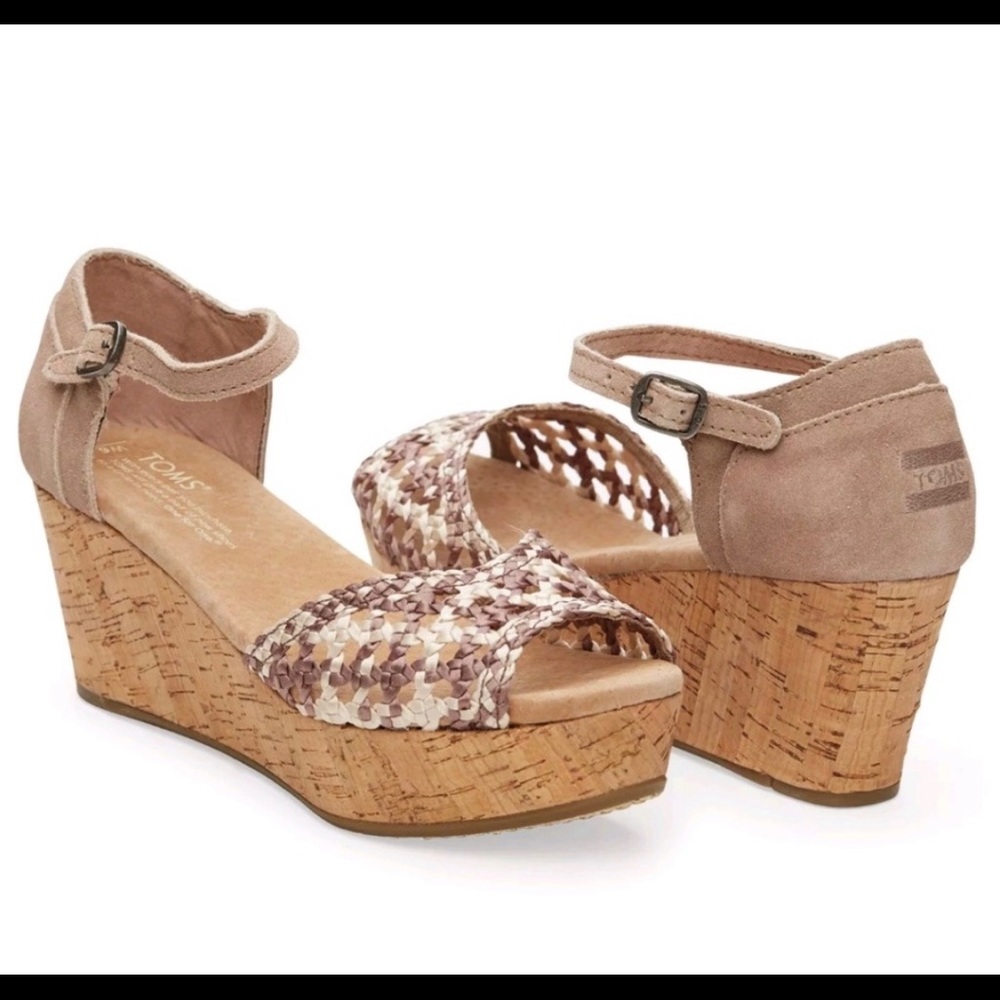 Tom’s Stucco Satin Woven Peep Toe Platform Wedges